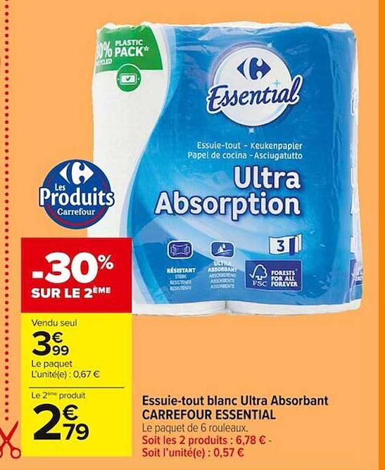essuie-tout blanc ultra absorbant carrefour essential