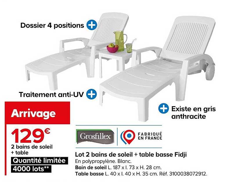 lot 2 bains de soleil + table basse fidji grosfillex