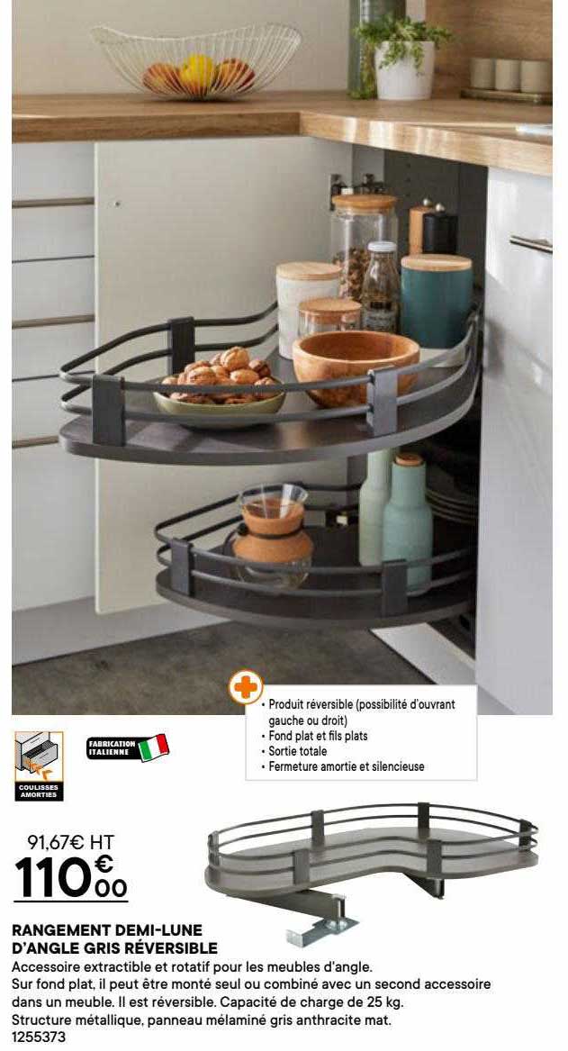 rangement demi-lune d'angle gris réversible