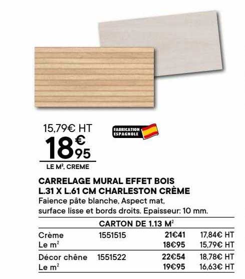 carrelage mural effet bois l.31 x l.61 cm charleston crème