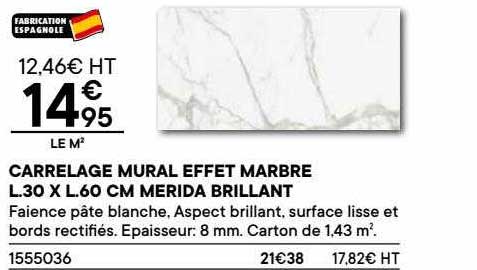 carrelage mural effet marbre l. 30 x l.60 cm merida brillant