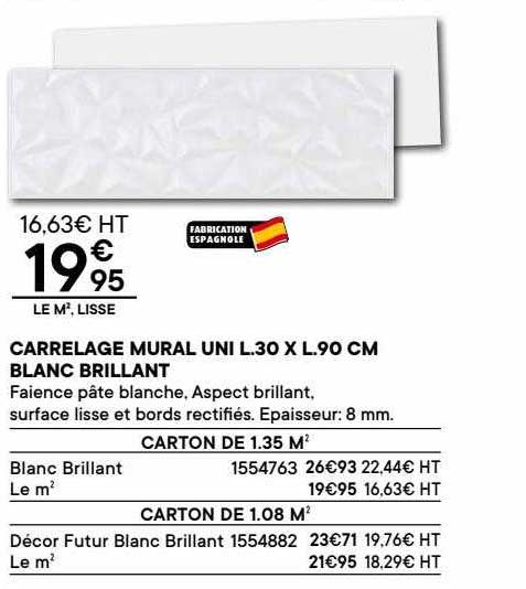 carrelage mural uni l.30 x l.90 cm blanc brillant
