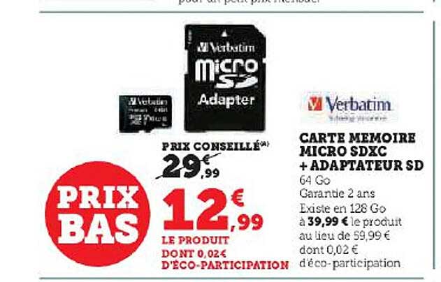 carte mémoire micro sdxc + adaptateur sd verbatim