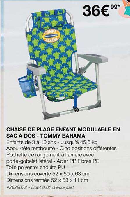 chaise de plage enfant modulable en sac à dos - tommy bahama