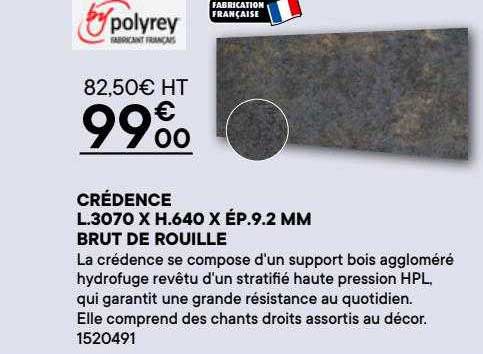 crédence l.3070 x h.640 x ép.9.2 mm brut de rouille