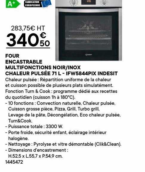four encastrable multifonctions noir-inox chaleur pulsée 71l - ifw5844pix indesit