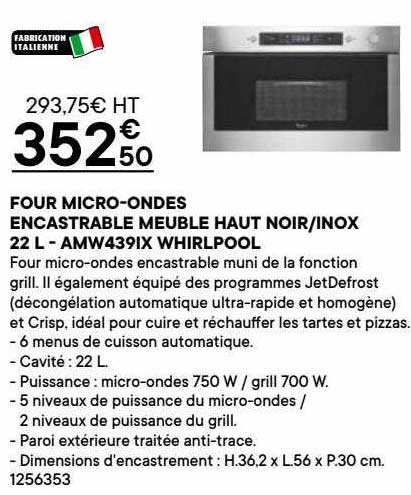 four micro-ondes encastrable meuble haut noir-inox 22l - amw439ix whirlpool