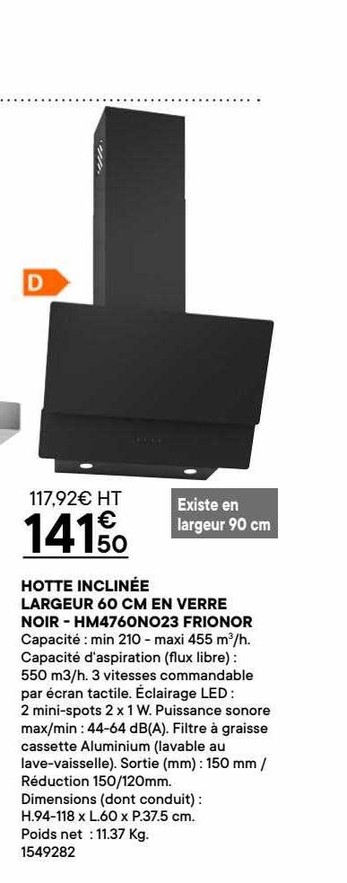 hotte inclinée largeur 60 cm en verre noir - hm4760no23 frionor