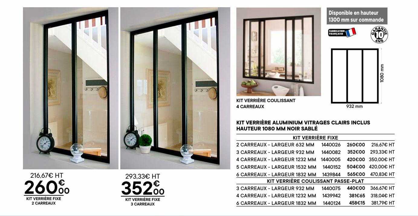 kit verrière aluminium vitrages clairs inclus hauteur 1080 mm noir sablé