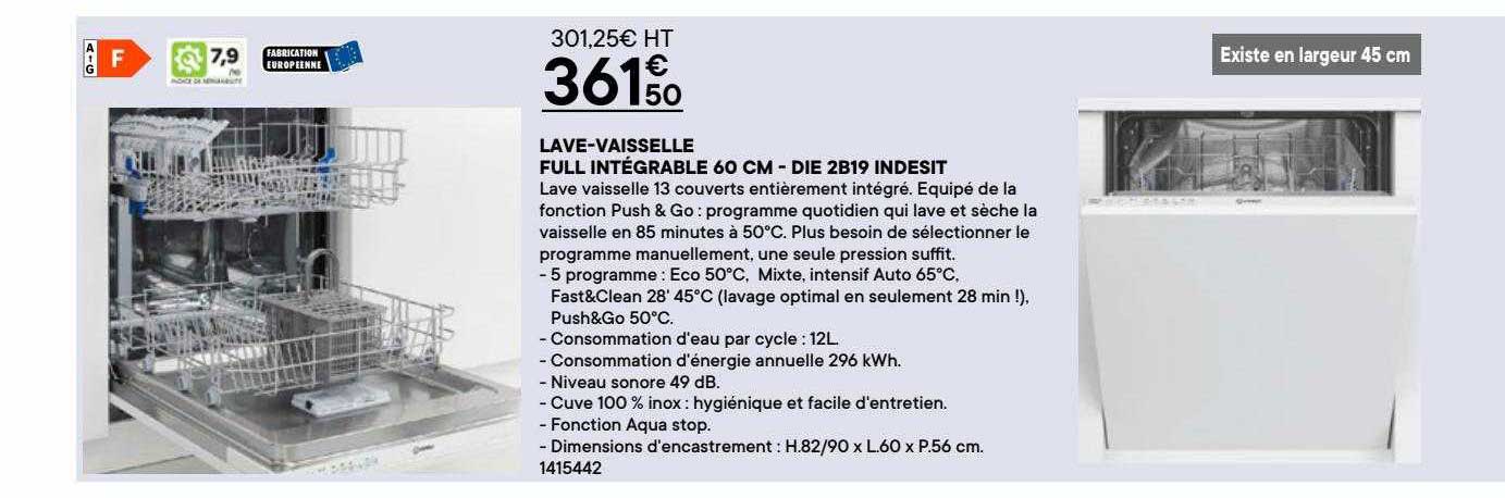 lave-vaisselle full intégrable 60 cm - die 2b19 indesit