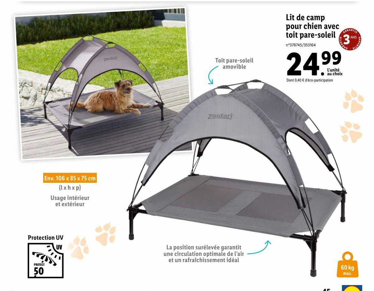 lit de camp pour chien avec toit pare-soleil zoofari