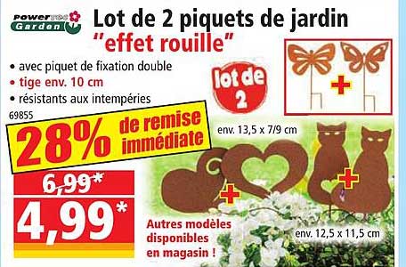 lot de 2 piquets de jardin "effet rouille" powertec garden