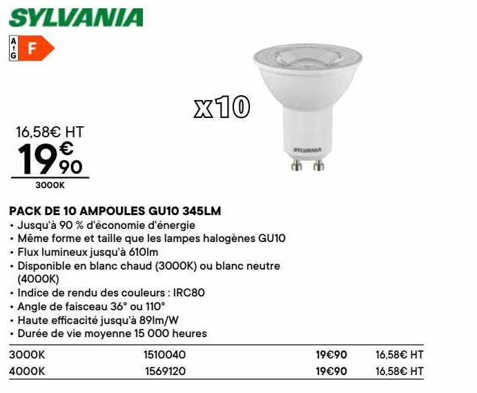 pack de 10 ampoules gu10 345lm sylvania