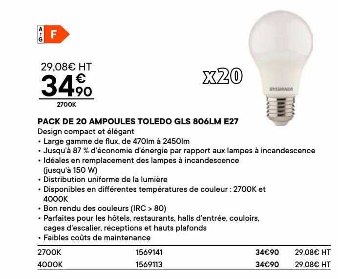 pack de 20 ampoules toledo gls 806lm e27