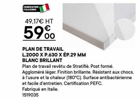 plan de travail l.2000 x p.630 x ép.29 mm blanc brillant