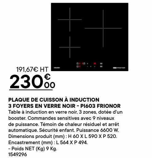 Plaque De Cuisson à Induction 3 Foyers En Verre Noir - Pi603 Frionor