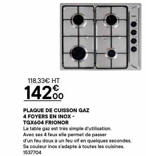 plaque de cuisson gaz 4 foyers en inox - tgx604 frionor