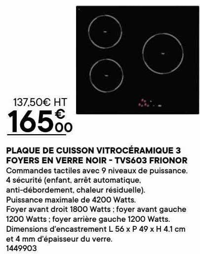Plaque De Cuisson Vitrocéramique 3 Foyers En Verre Noir - Tvs603 Frionor