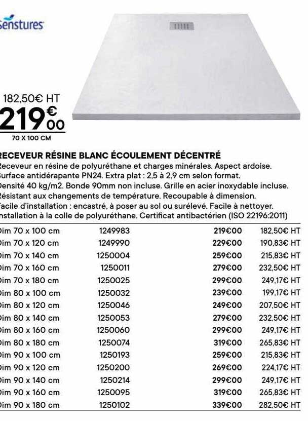 receveur résine blanc écoulement décentré