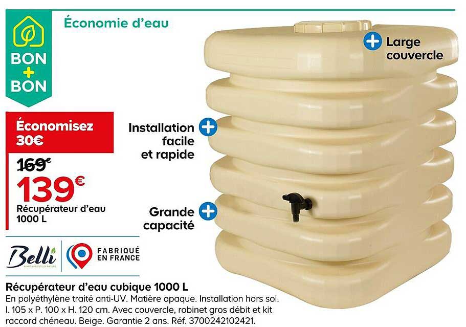 récupérateur d'eau cubique 1000l belli