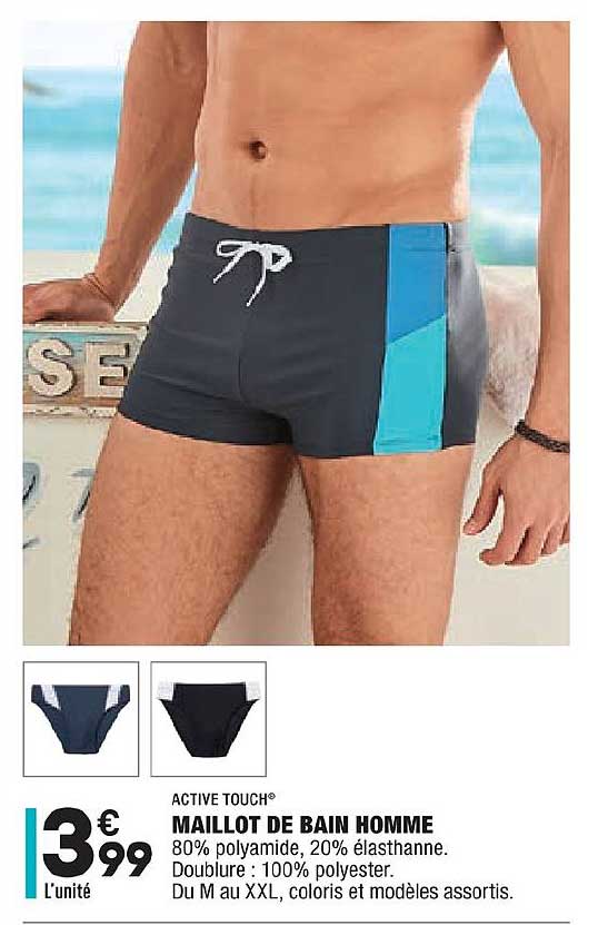 active touch maillot de bain homme 80% polyamide 20% élasthanne coloris et modèles assortis