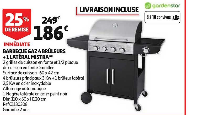 barbecue gaz 4 brûleurs +1latéral mistra ref.c1130308