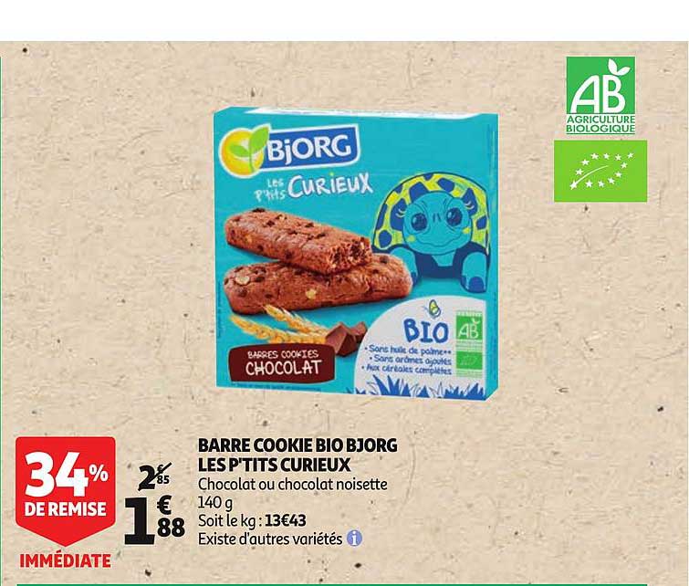 barre cookie bio bjorg les p'tits curieux 34% de remise immédiate