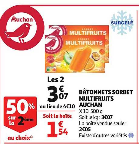bâtonnets sorbet multifruits auchan existe d'autres variétés 50% sur la 2ème