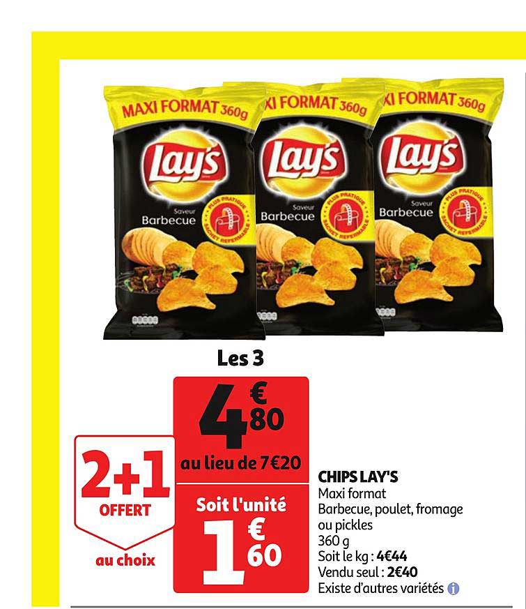 chips lay's maxi format barbecue poulet fromage ou pickles existe d'autres variétés 2+1 offert au choix