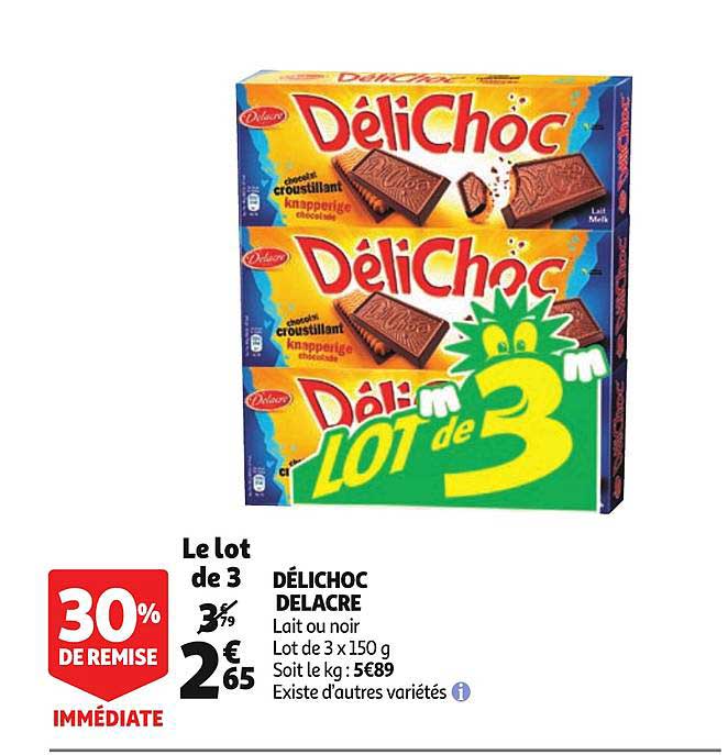 délichoc delacre lait ou noir lot de 3 existe d'autres variétés 30% de remise immédiate