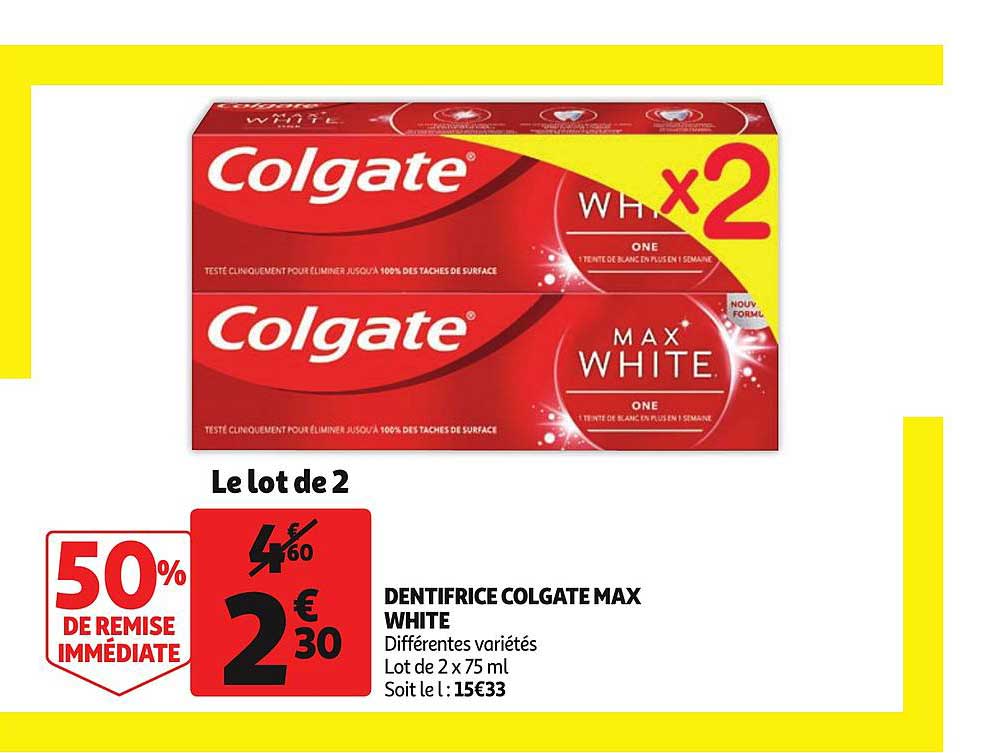 dentifrice colgate max white différentes variétés lot de 2 50% de remise immédiate