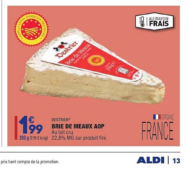 destrier brie de meaux aop au lait cru 22,8% mg sur produit fini