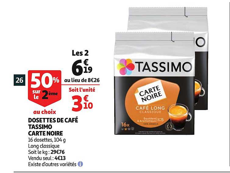 dosettes de café tassimo carte noire 16 dosettes long classique existe d'autres variétés 50% sur le 2ème au choix