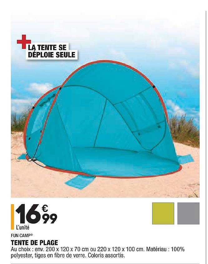 fun camp tente de plage 100% polyester tiges en fibre de verre coloris assortis