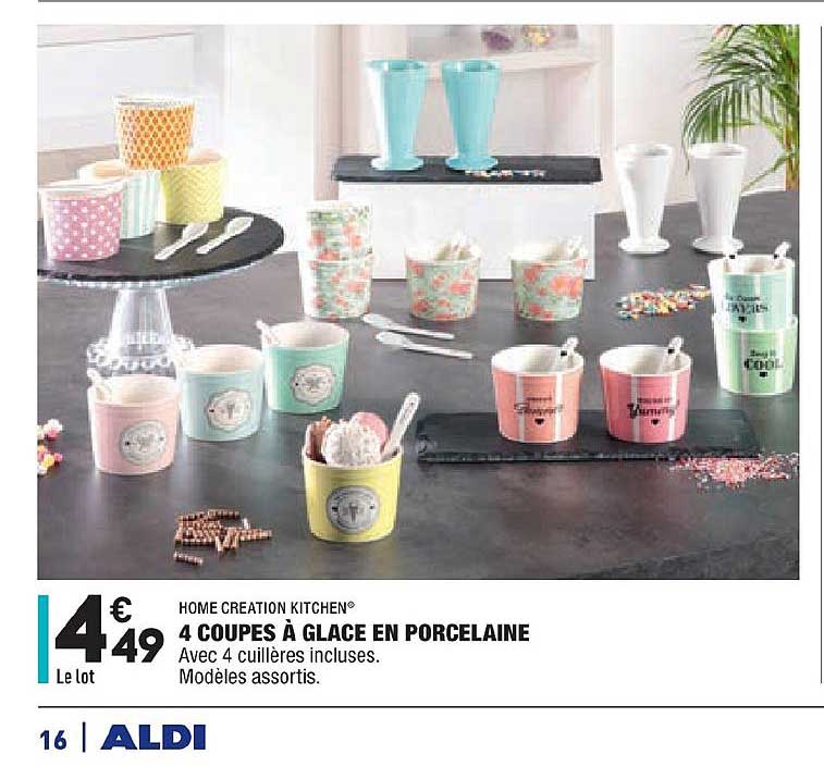 home creation kitchen 4 coupe à glace en porcelaine avec 4 cuillères incluses modèles assortis