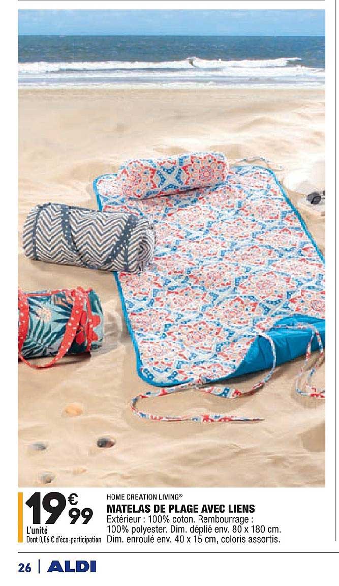 home creation living matelas de plage avec liens 100% coton 100% polyester coloris assortis