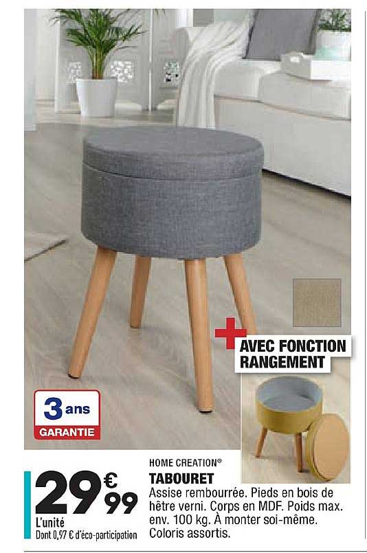 home creation tabouret assise rembourrée coloris assortis