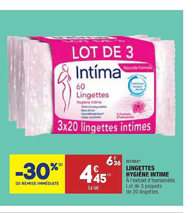intima lingettes hygiène intime à l'extrait d'hamamélis lot de 3 paquets de 20 lingettes -30% de remise immédiate