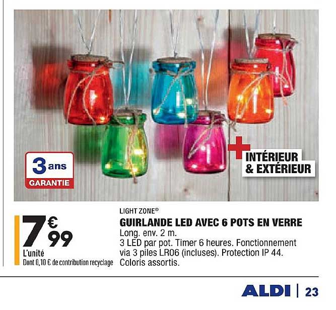 light zone guirlande led avec 6 pots en verre 2 m 3 led par pot coloris assortis