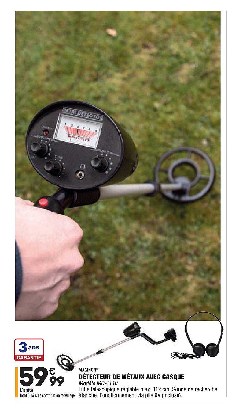 maginon détecteur de métaux avec casque modèle md 1140 pile 9v