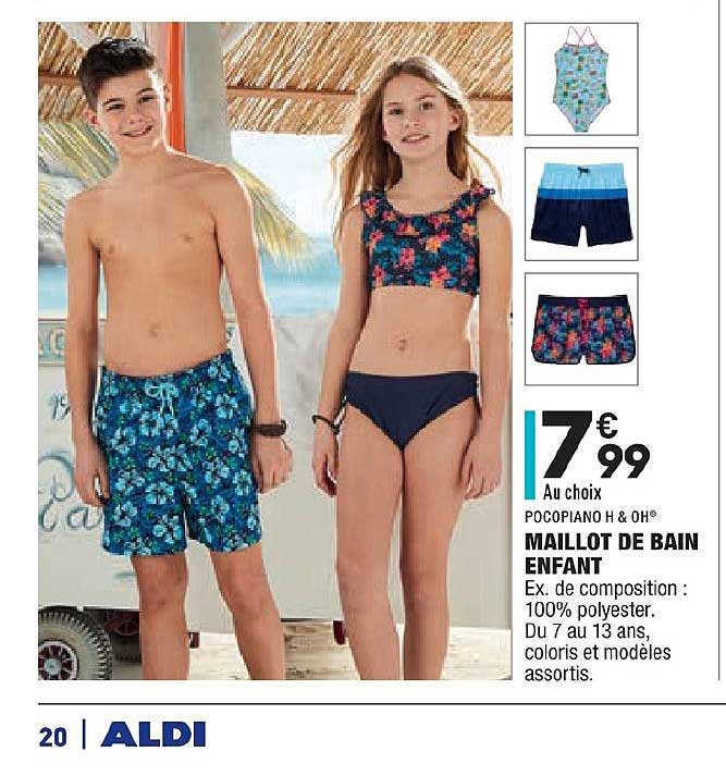 pocopiano h & oh maillot de bain enfant 100% polyester coloris et modèles assortis