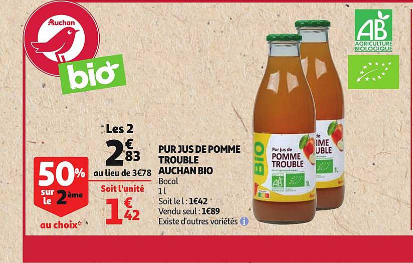 pur jus de pommes trouble auchan bio 50% sur le 2ème au choix