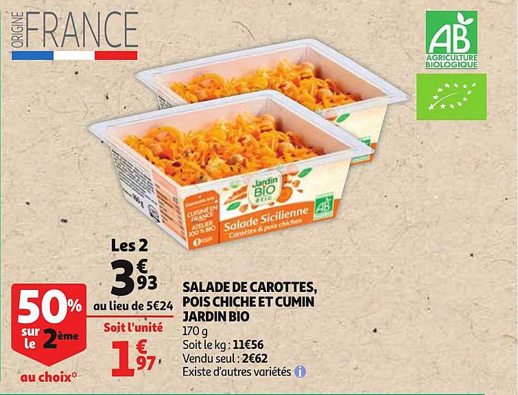 salade de carottes pois chiche et cumin jardin bio 50% de le 2ème au choix