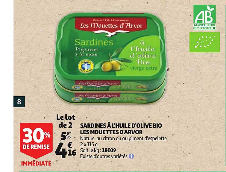sardines à l'huile d'olive bio les mouettes d'arvor 30% de remise immédiate