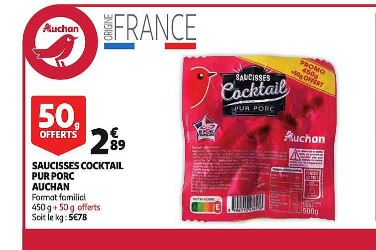 saucisses cocktail pur porc format familial 50g offerts