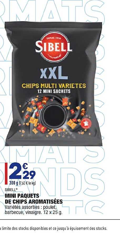 sibell mini paquets de chips aromatisées poulet barbecue vinaigre