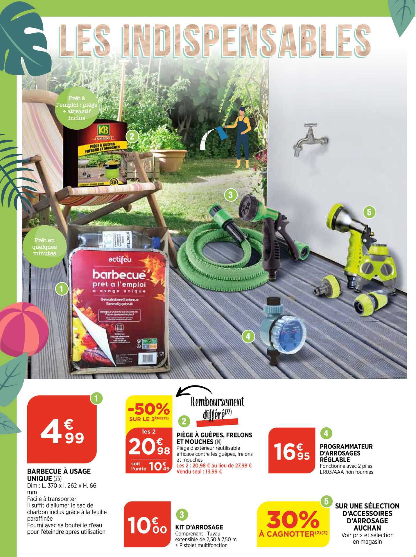 barbecue à usage unique, piège à guêpes, frelons et mouches, kit d'arrosage, programmateur d'arrosages réglable, sélection d'accessoires d'arrosage auchan