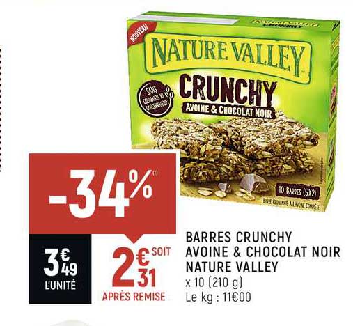 barres crunchy avoine & chocolat noir nature valley