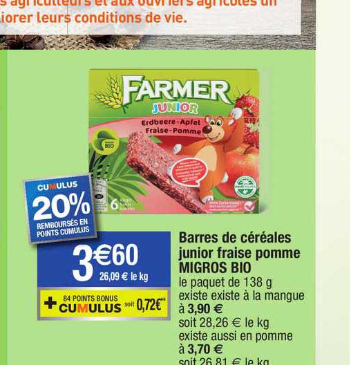 barres de céréales junior fraise pomme migros bio