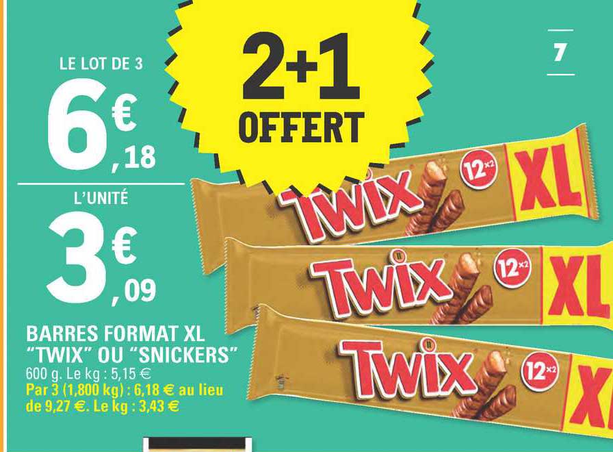barres format xl "twix" ou "snickers" 2+1 offert